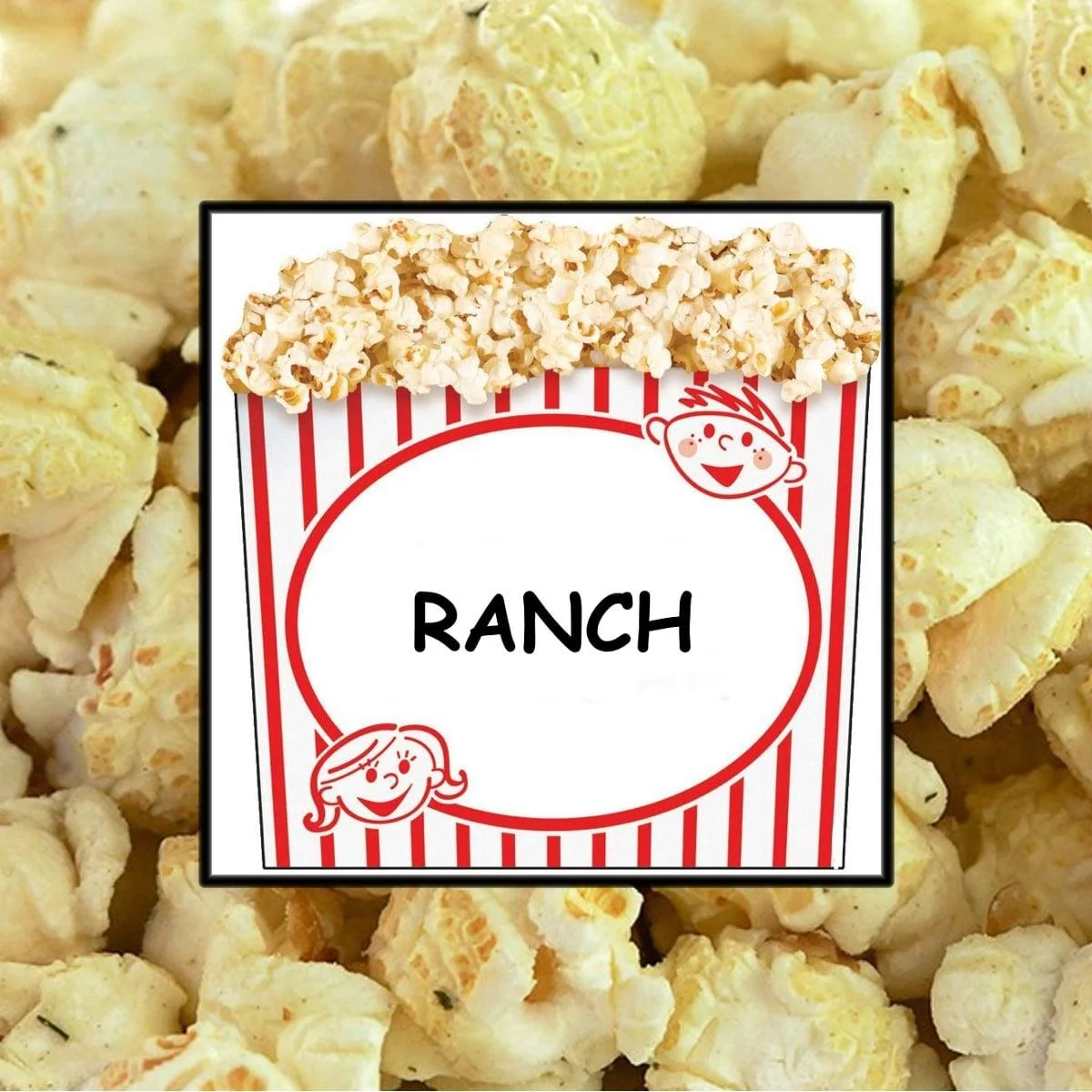 A container labeled 'RANCH' filled with ranch-flavored popcorn, placed amongst more popcorn.