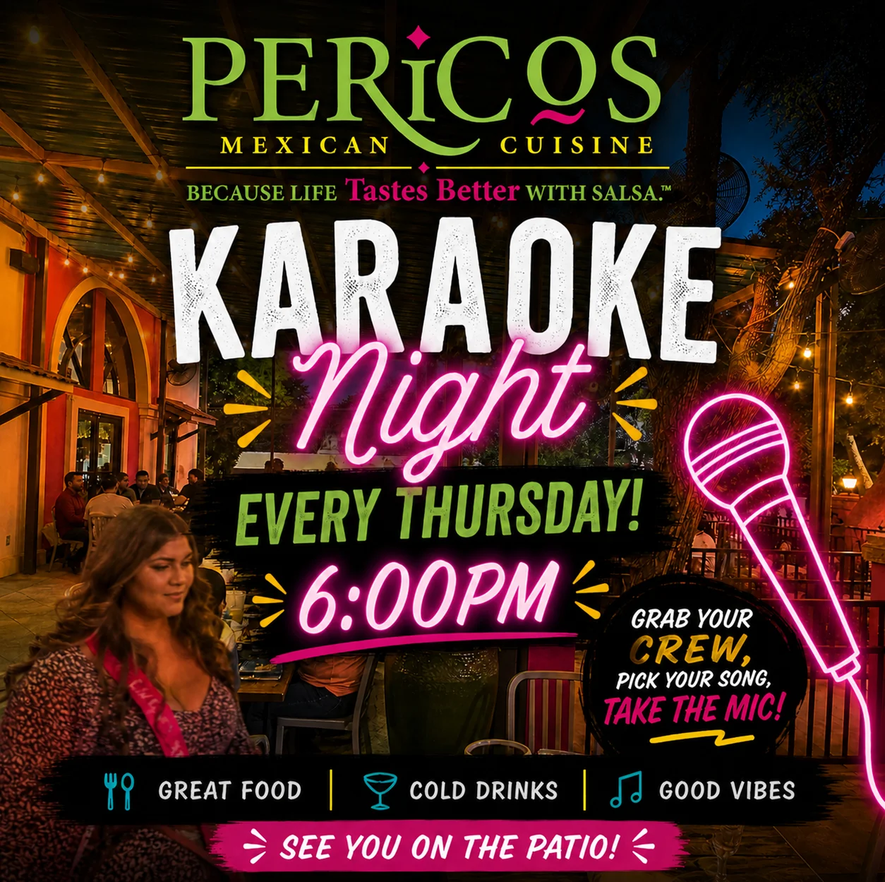 Karaoke night advertisement at Pericos Mexican Cuisine, every Thursday at 6 PM.