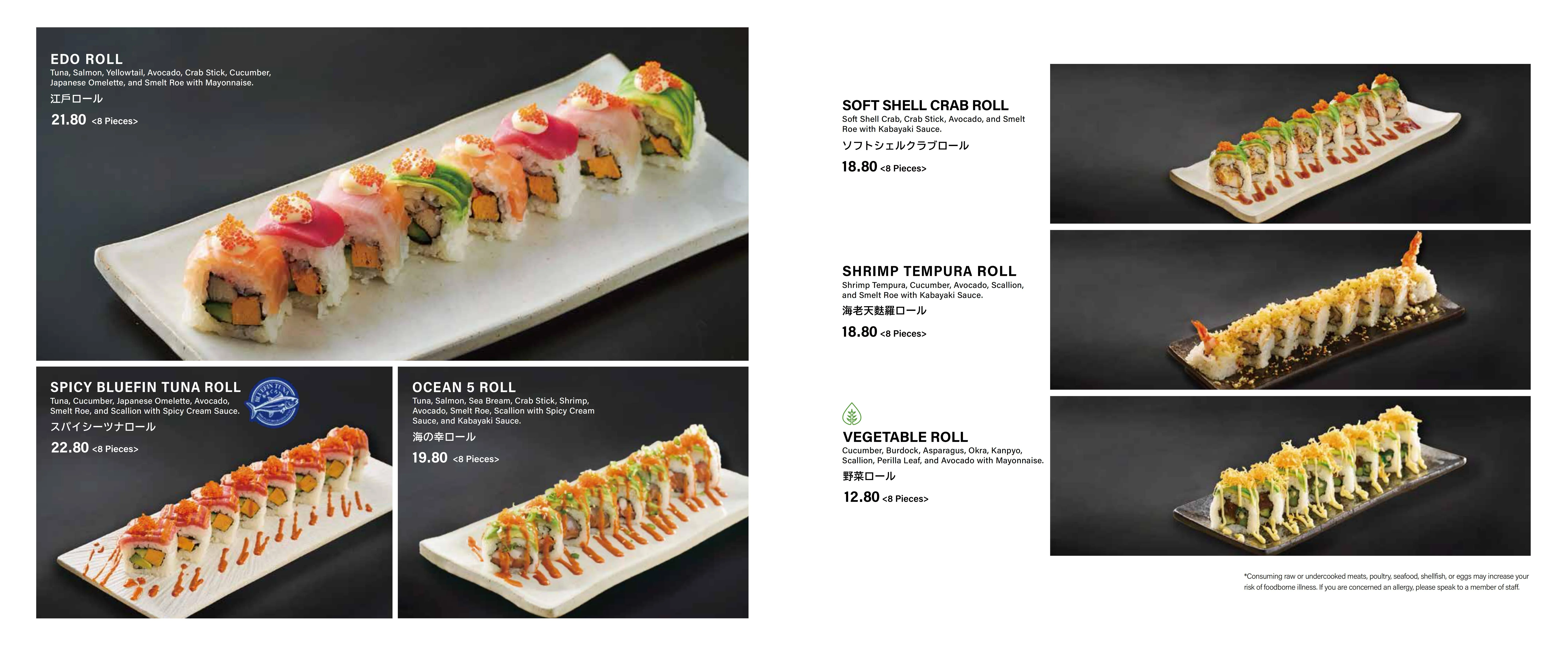 Assorted sushi rolls including Edo and Spicy Bluefin Tuna rolls