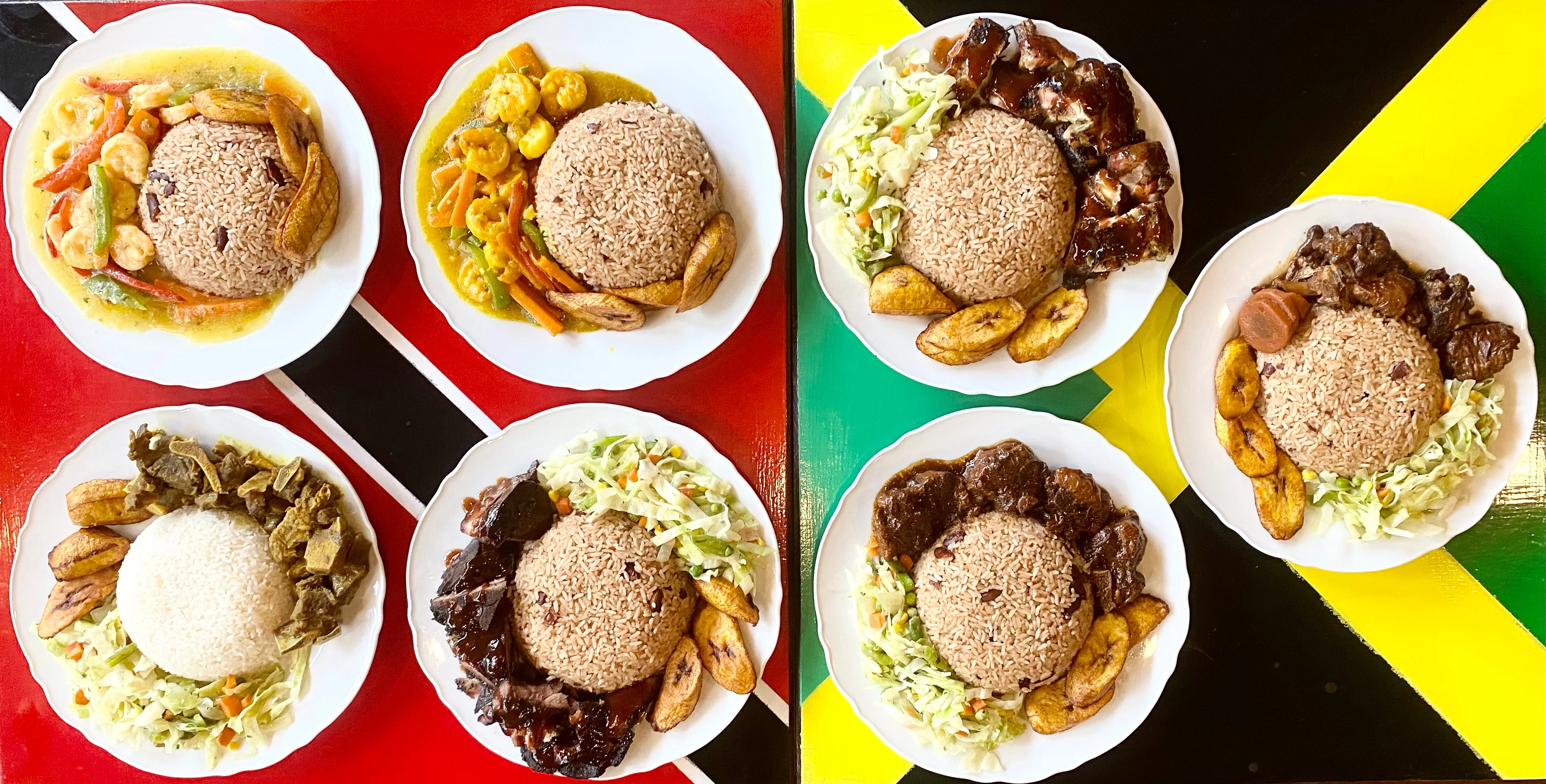 Jamaican rice and peas with assorted meats and plantains