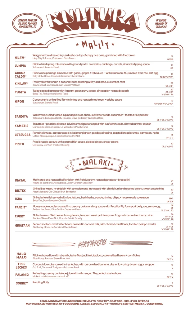 Menu bulletin featuring various dishes and drinks from Kultura restaurant.