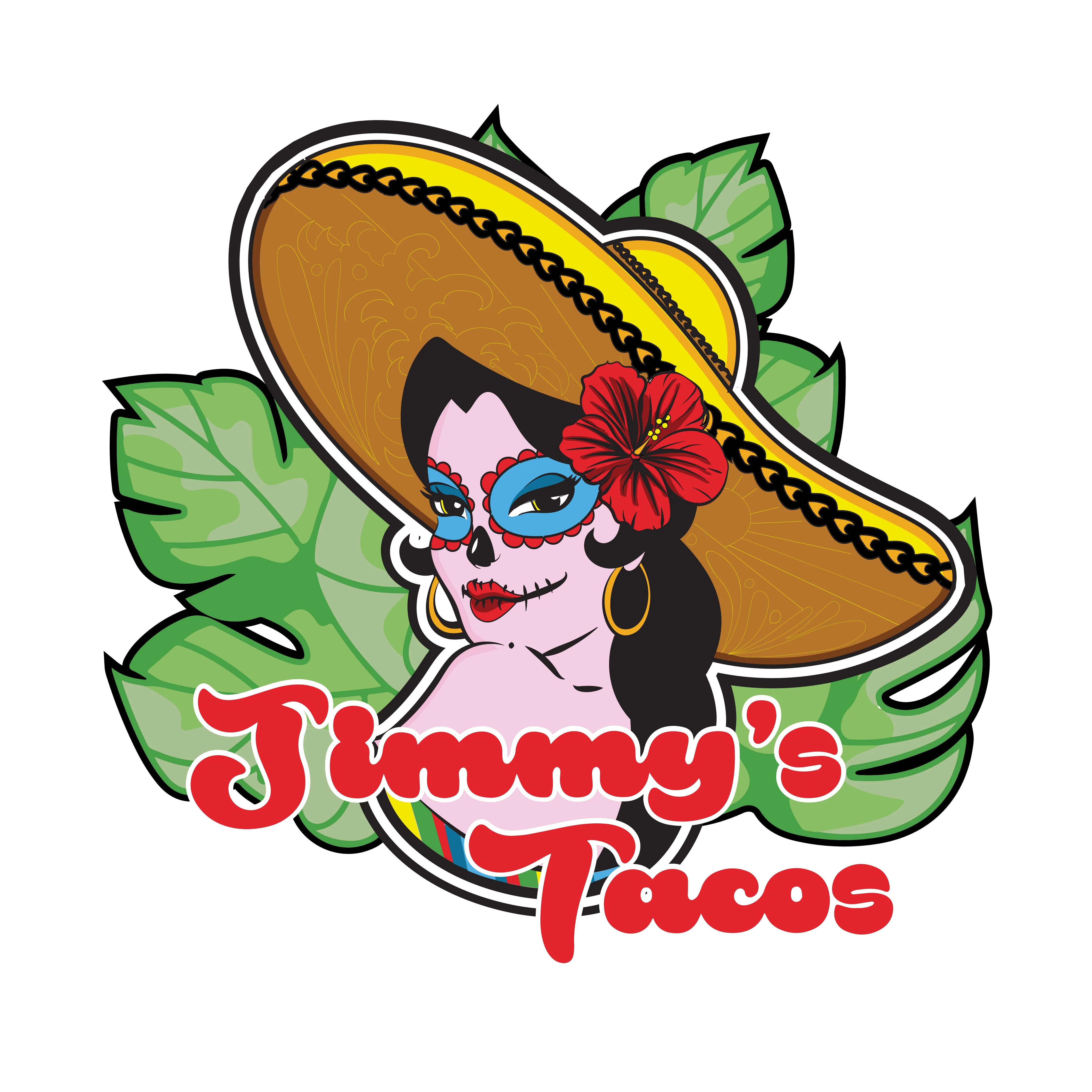 A colorful graphic logo featuring a woman with a sugar skull face paint, wearing a wide-brimmed sombrero and adorned with a flower. The background includes tropical leaves.