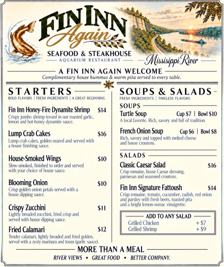 Fin Inn Again Starters, Soups & Salads