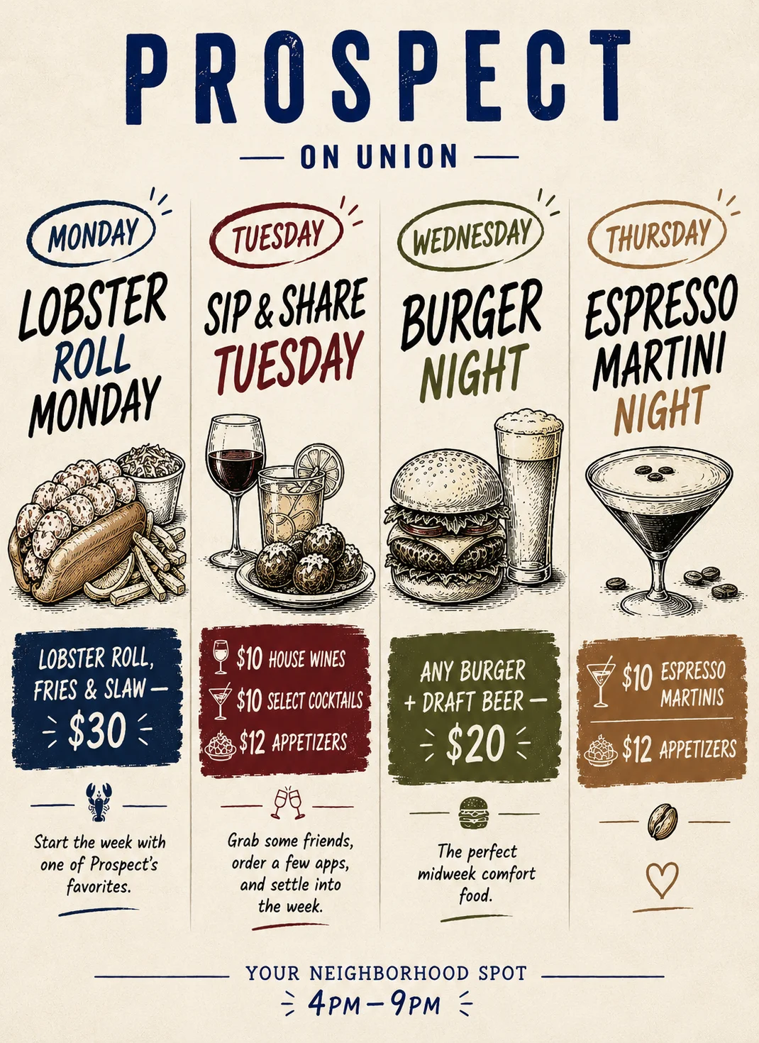 Weekly dining specials at Prospect restaurant featuring lobster rolls and burgers