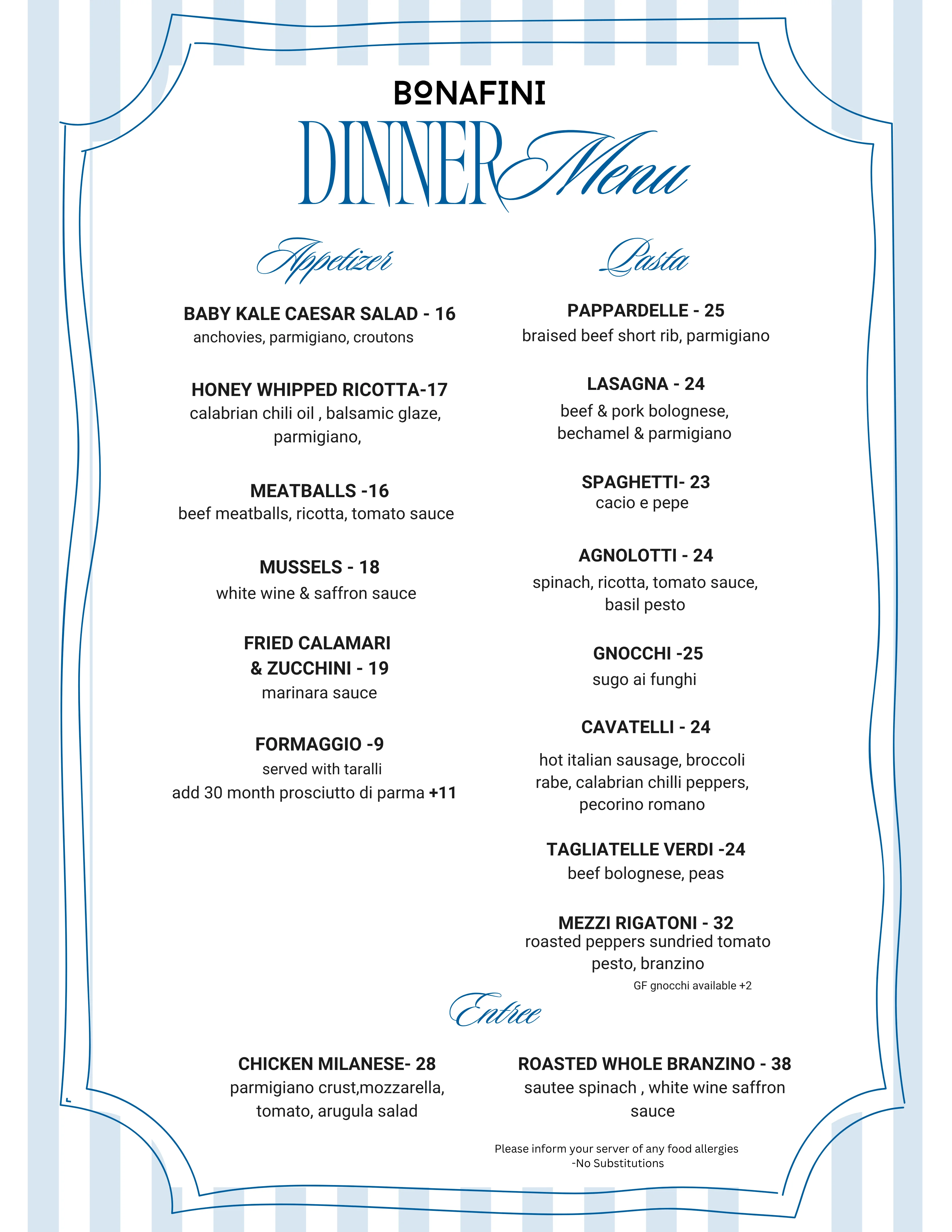 Menu for Liliana Bonafini featuring dinner, brunch, and lunch options.