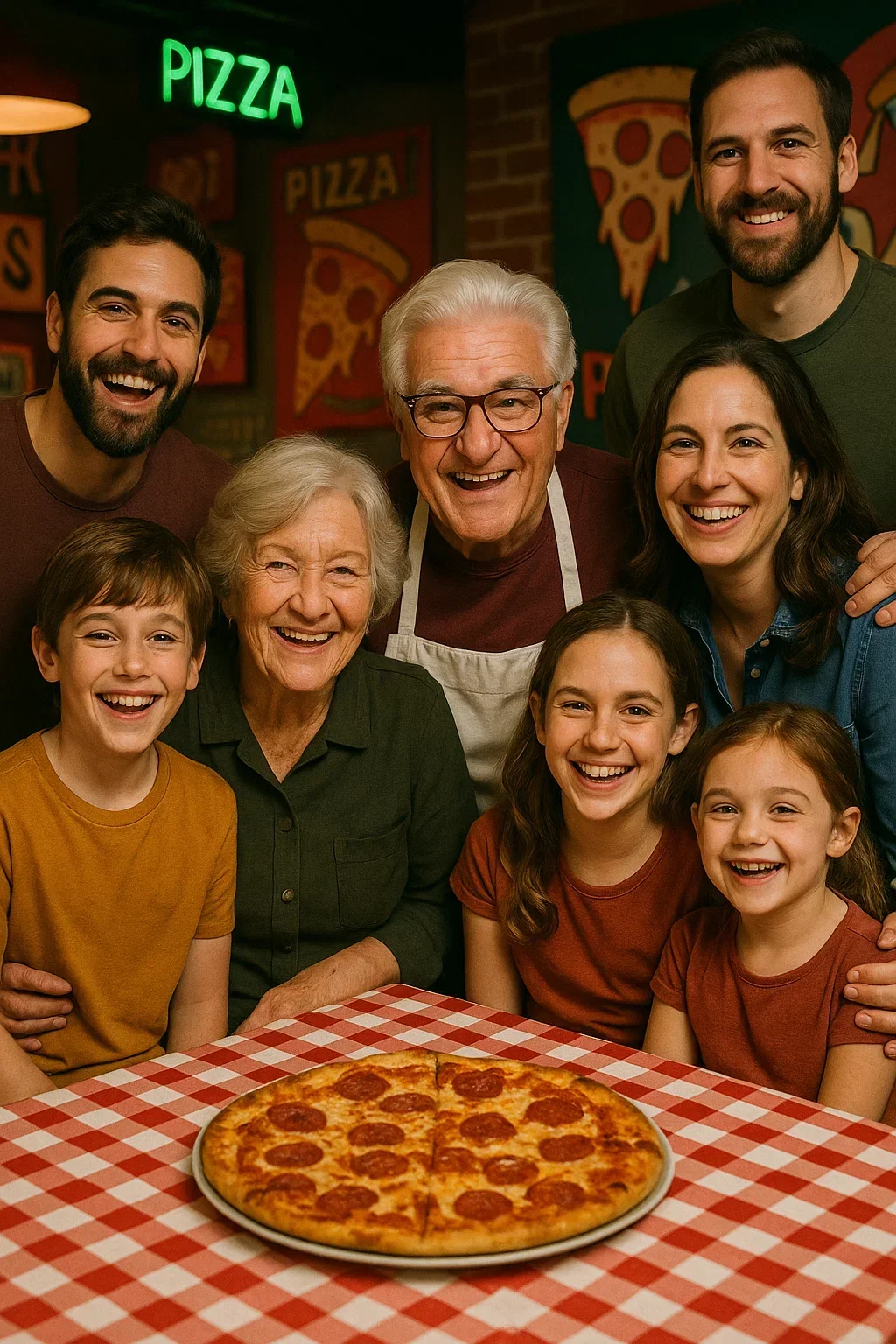 Family enjoying pepperoni pizza in a cozy restaurant setting