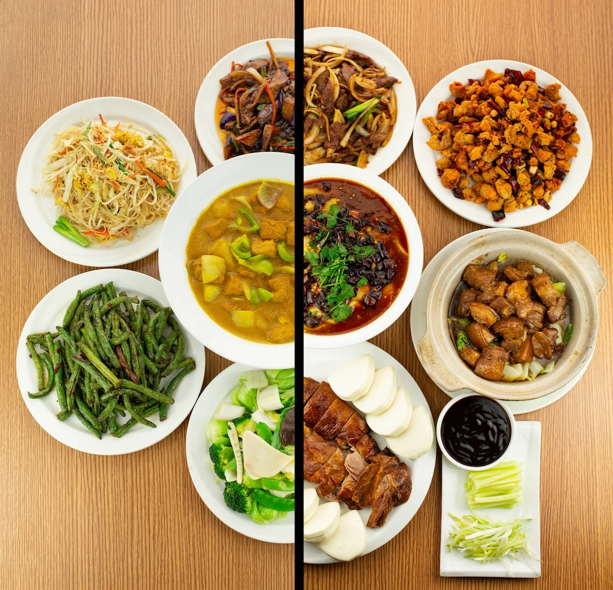 Assorted Chinese dishes including Peking duck and stir-fried vegetables