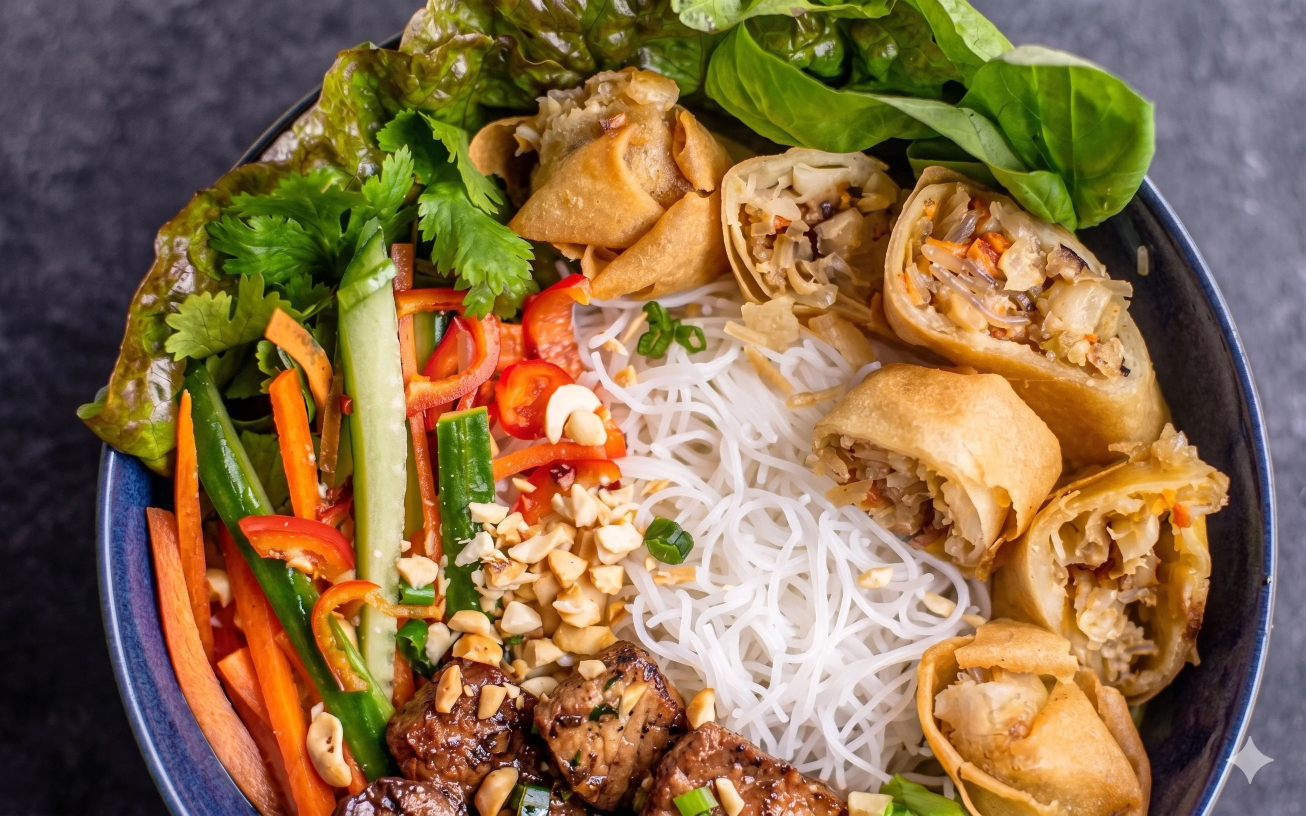 Vietnamese spring rolls with rice noodles and fresh vegetables