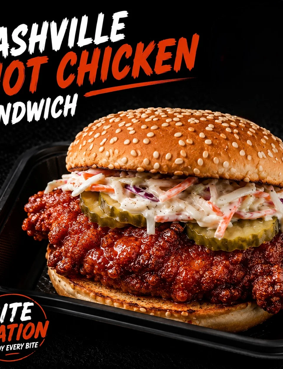 A close-up of a crispy fried chicken sandwich on a sesame seed bun, garnished with coleslaw, held on a plate. In the background, a red menu board displays various sandwich options.