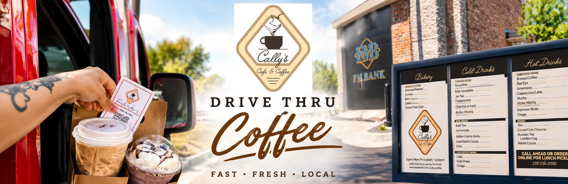 Drive-through coffee shop with iced drinks, menu board, and café branding