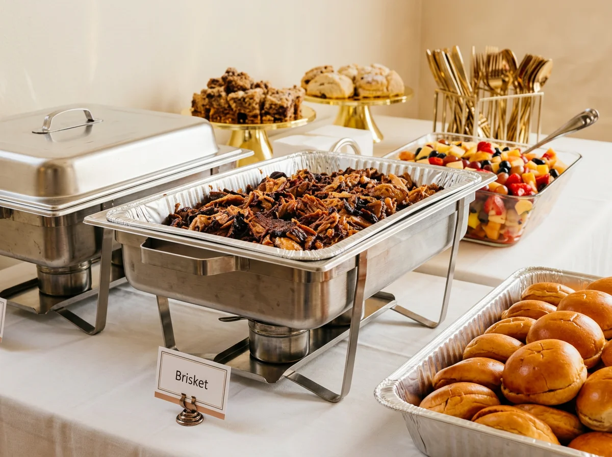Catered buffet with brisket, slider buns, fruit salad, and pastries