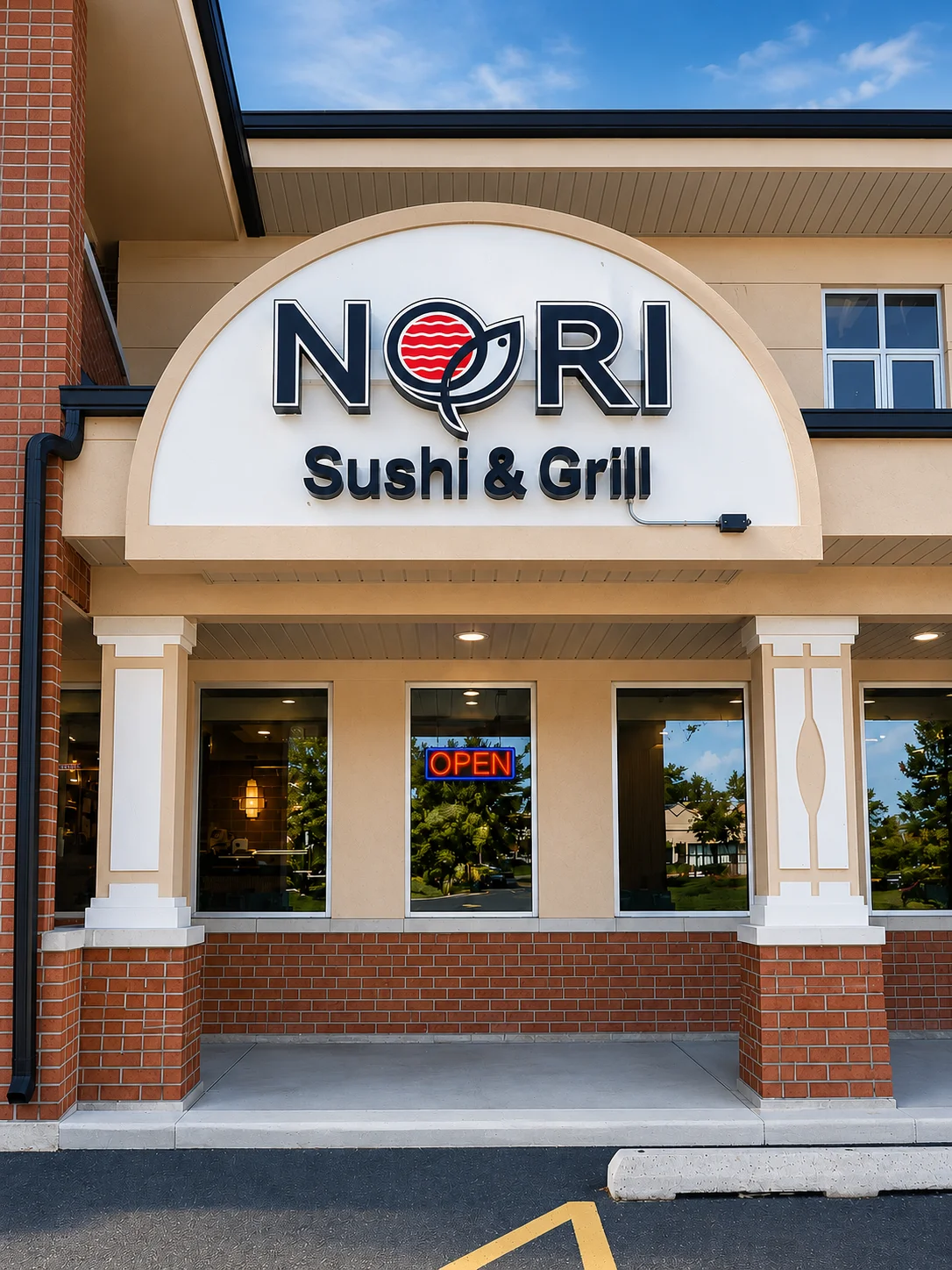 Exterior of Nori Sushi & Grill restaurant with open sign