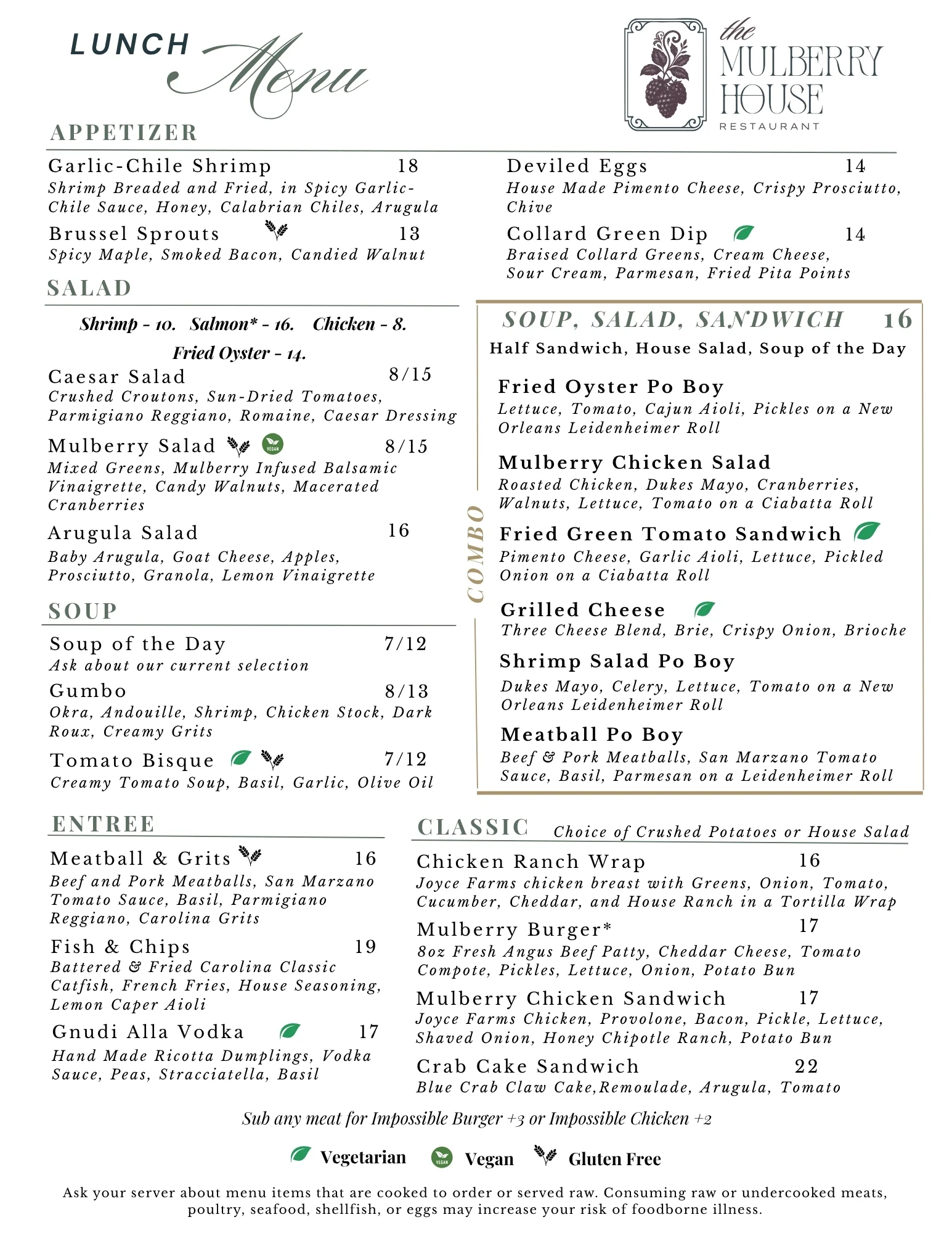 Lunch menu featuring diverse American dishes and appetizers