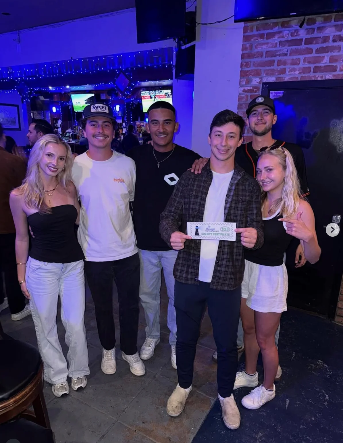 Group of friends celebrating with a gift certificate at a lively bar