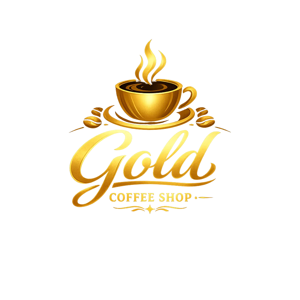 Logo of Gold Coffee Shop featuring a golden cup and coffee beans.