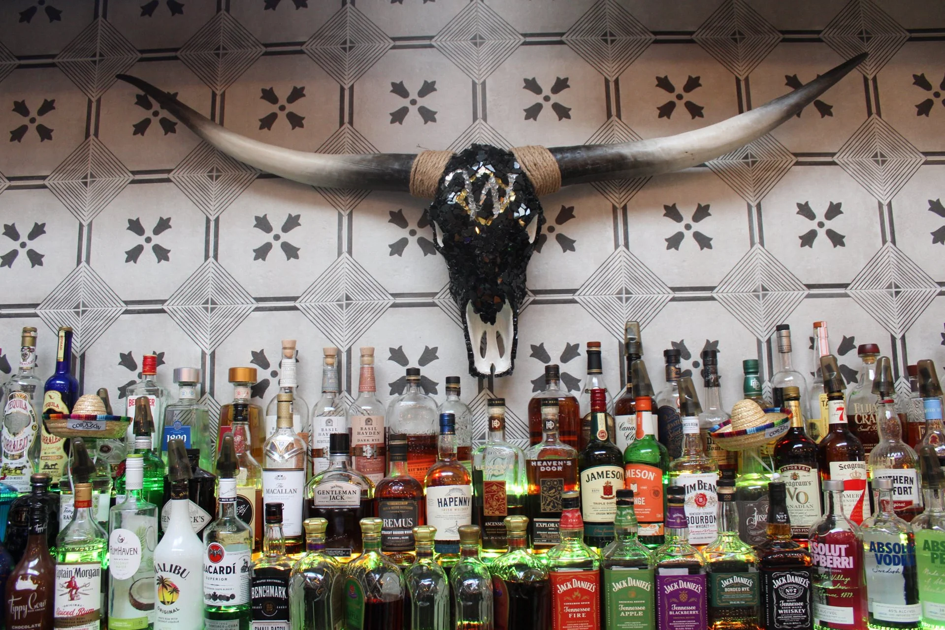 Stylish bar with a bull skull and an array of liquor bottles
