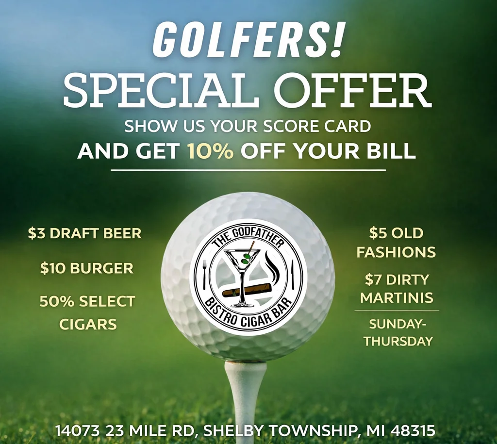 Promotional flyer for a restaurant featuring food and drink specials.