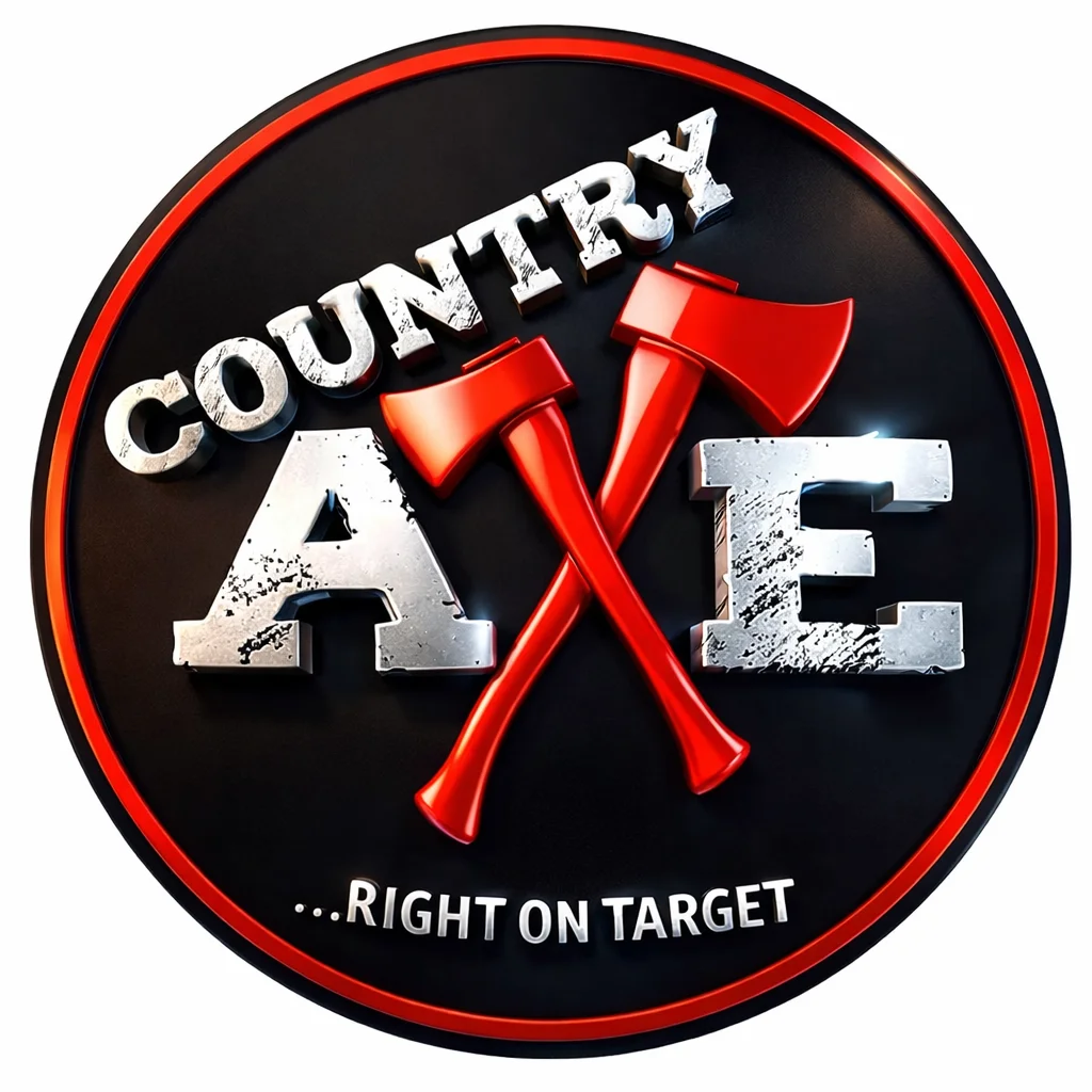 A circular logo featuring two crossed axes with the text 'COUNTRY AXE' above them and the phrase '...RIGHT ON TARGET' below.
