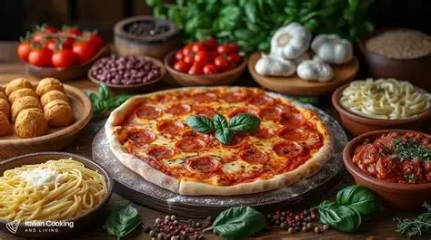 Italian pepperoni pizza with pasta and fresh ingredients