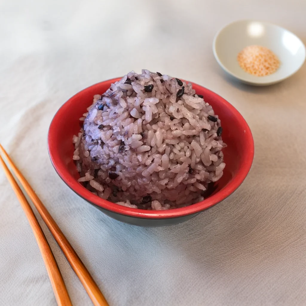 Bowl of purple rice served in a red bowl at Bento Kitchen Cravings, accompanied by wooden chopsticks and a small dish with sesame seeds in the background, showcasing a nutritious and visually appealing dish.