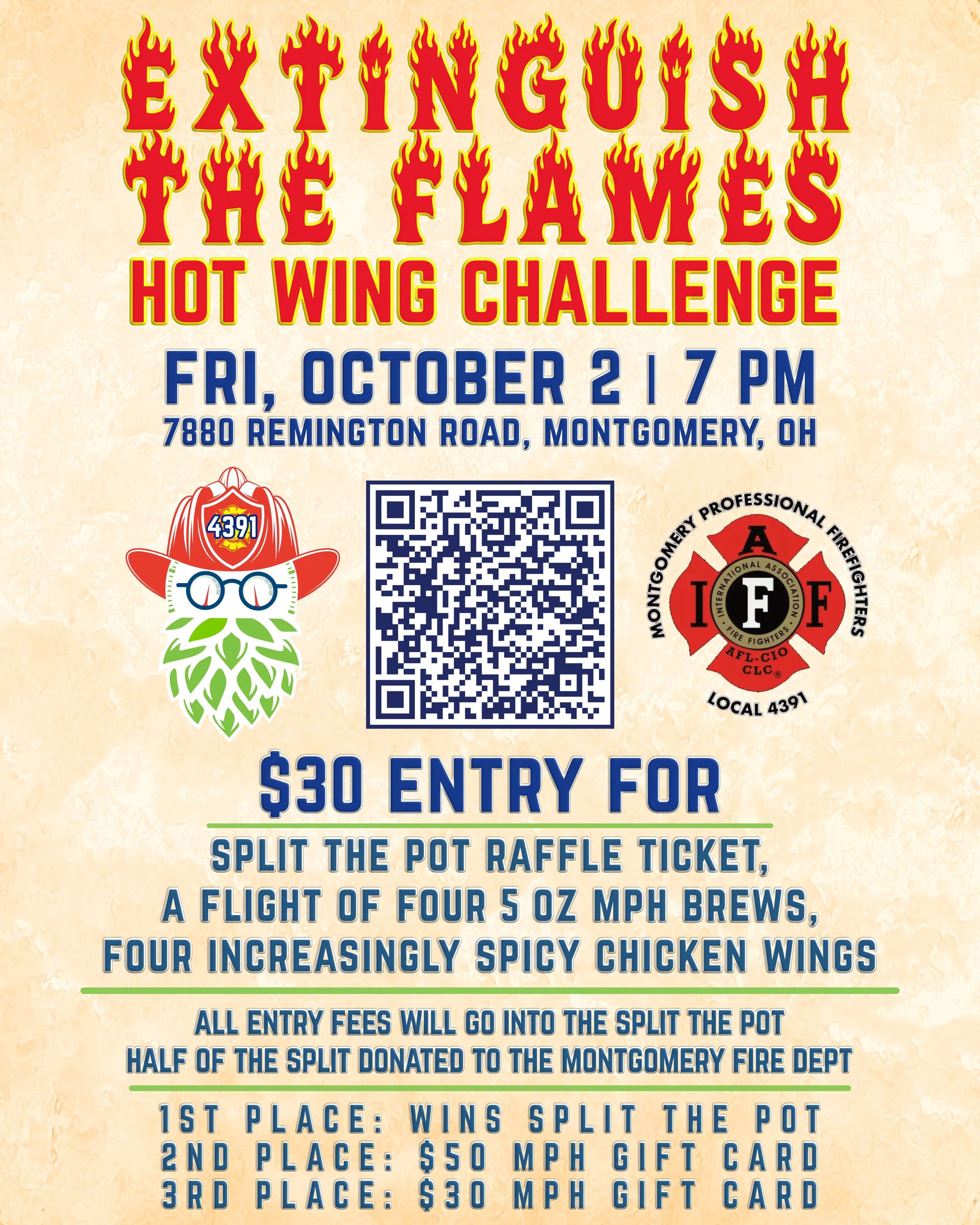 Promotional poster for hot wing challenge event with fiery graphics
