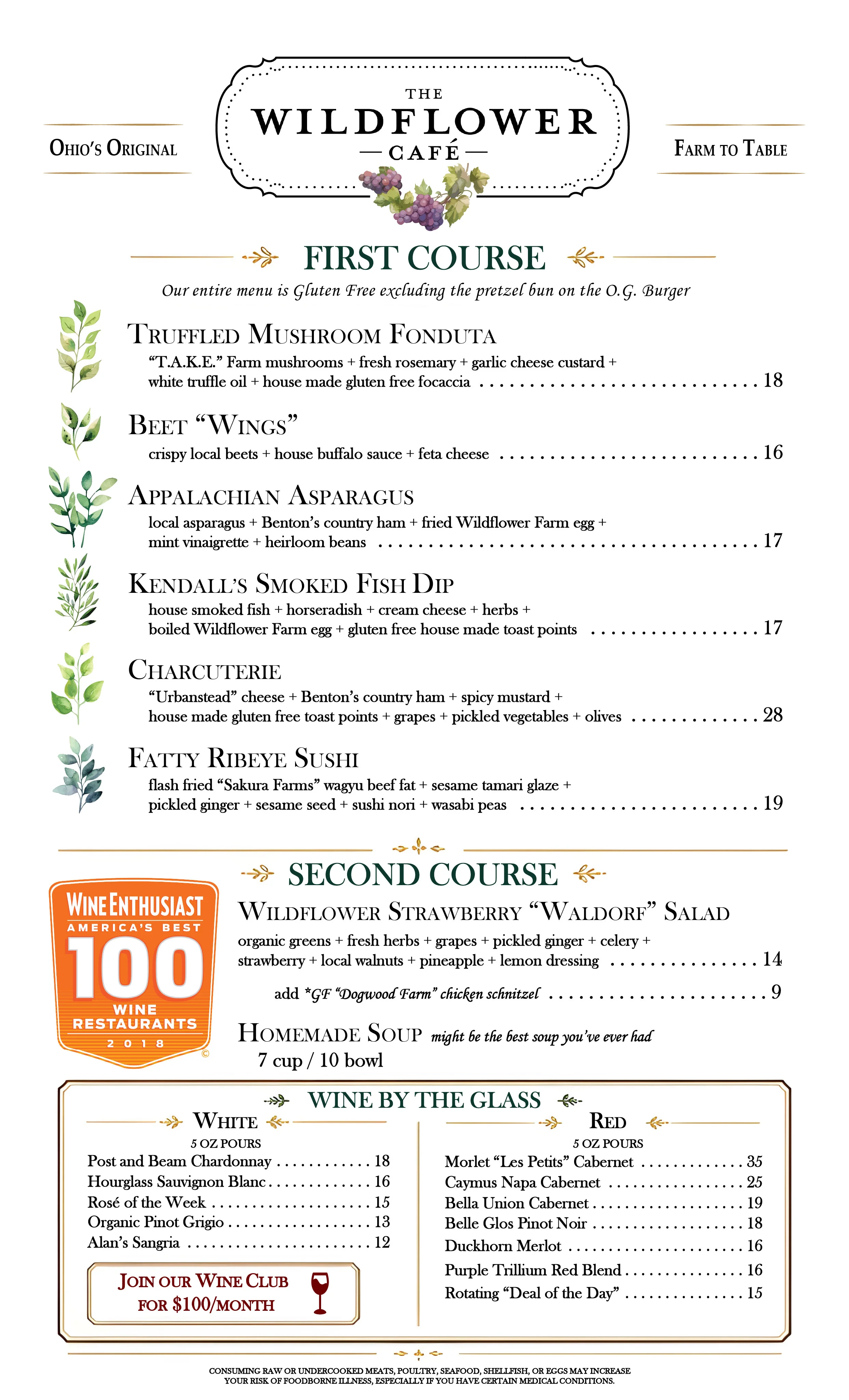 Menu from The Wildflower Café featuring first and second course options.