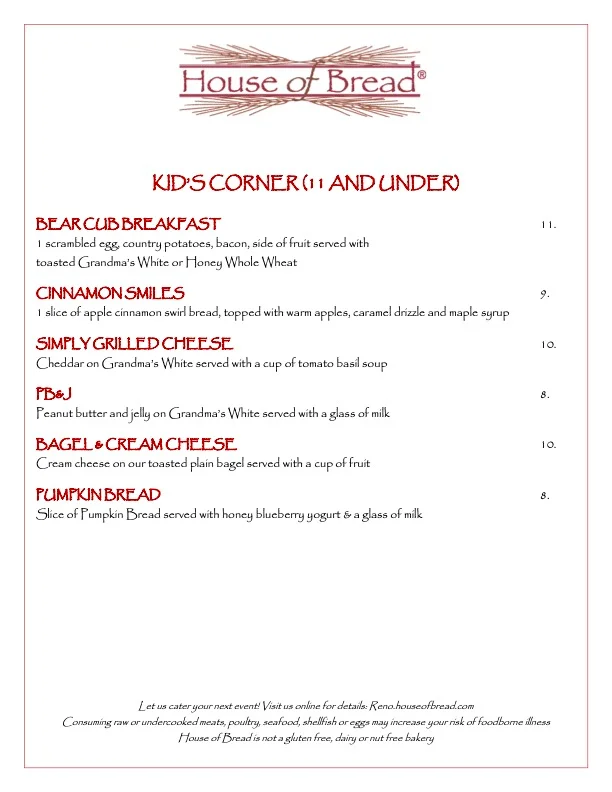 Kids' menu at House of Bread featuring various dishes for children