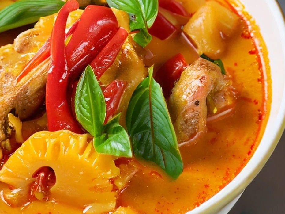 Thai red curry with chicken and fresh basil in a bowl