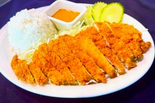 Crispy Thai chicken cutlet with rice and dipping sauce