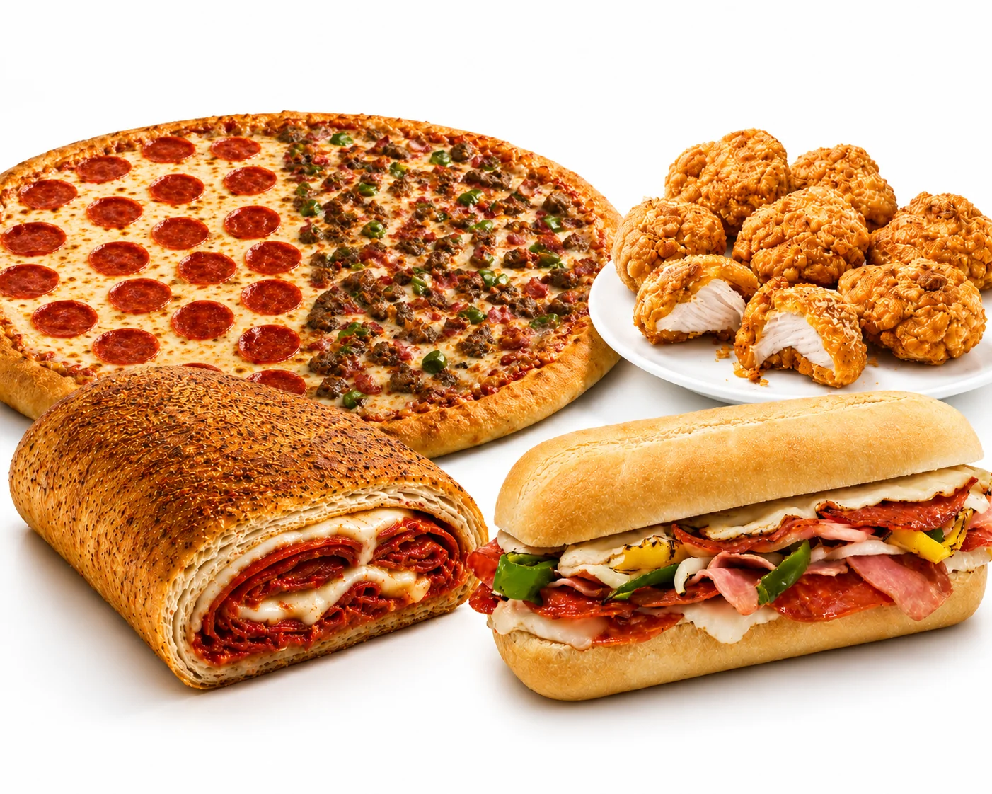 A variety of delicious food items including pizza, sandwiches, and chicken bites.