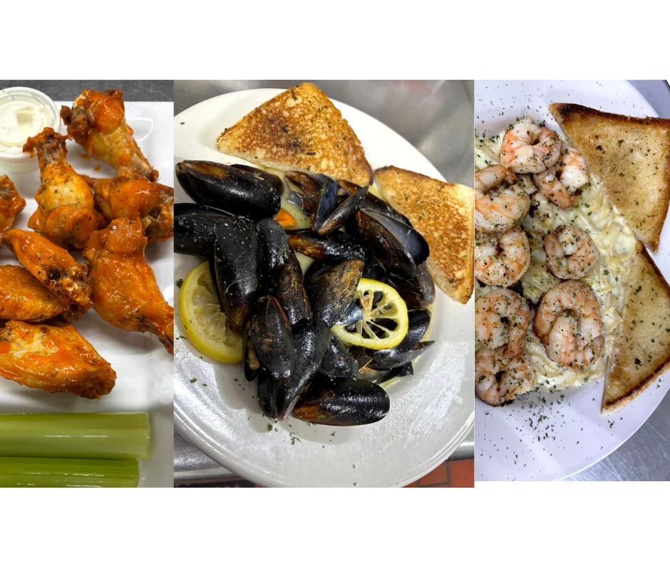 Buffalo chicken wings, mussels in garlic sauce, and shrimp pasta dish