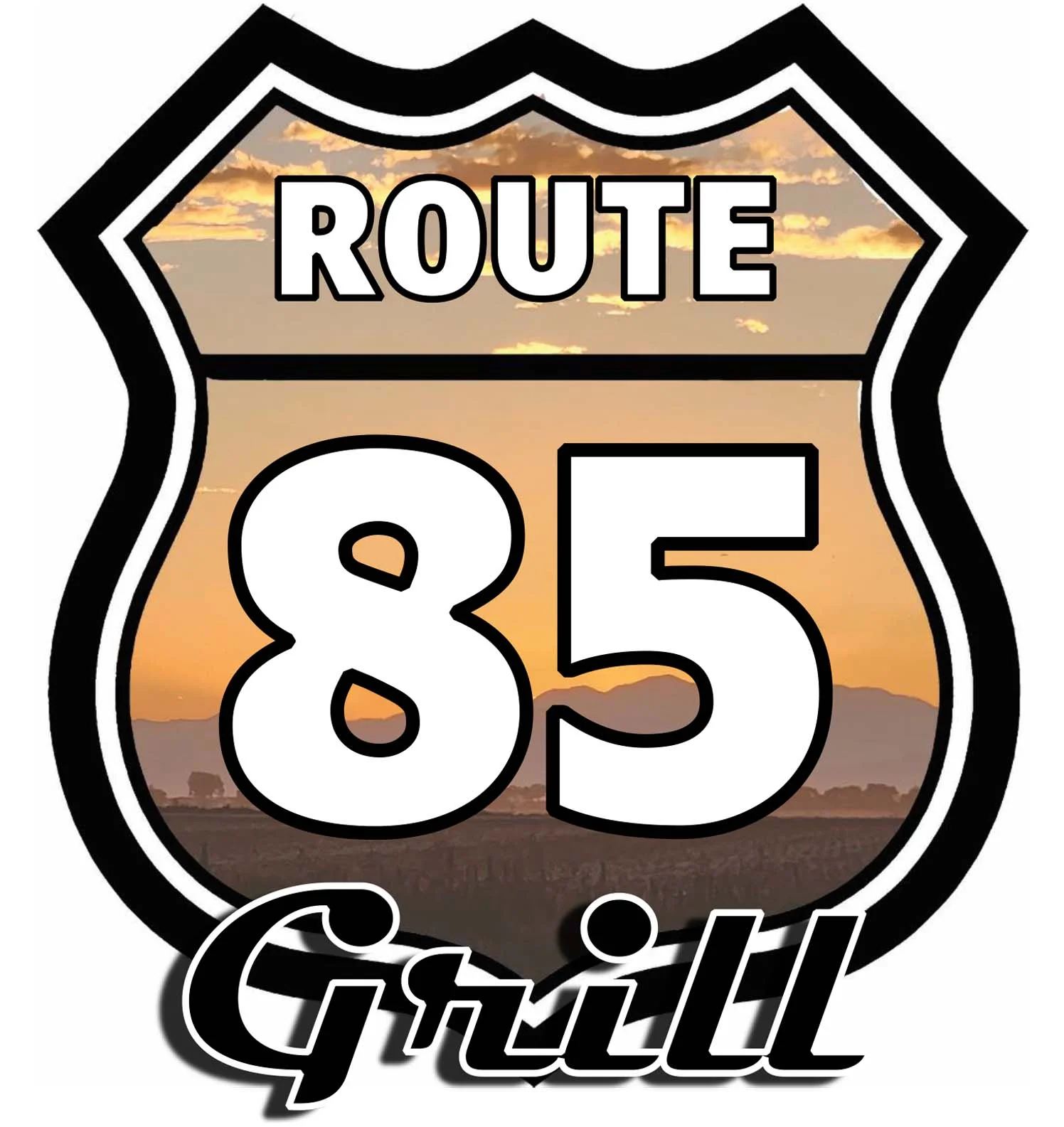 Route 85 Grill logo featuring a sunset background