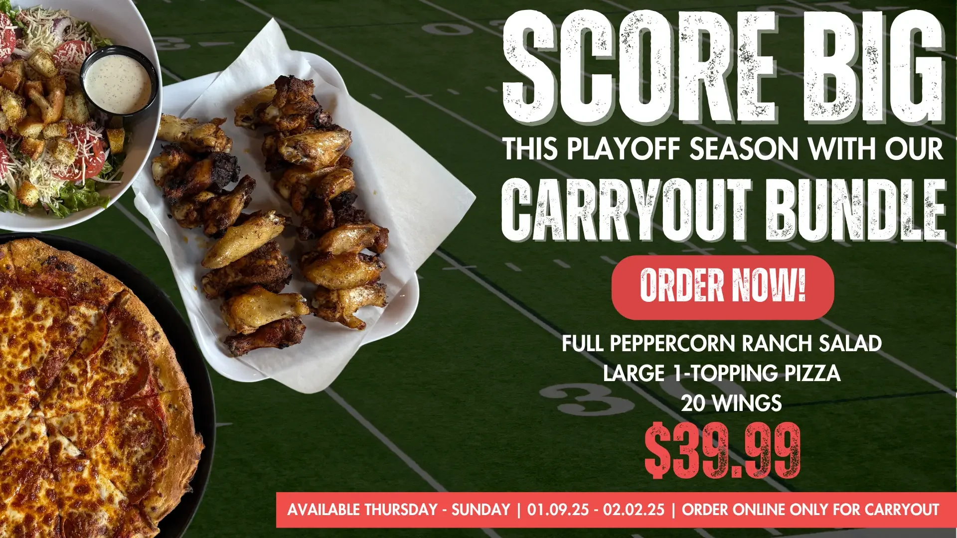 Carryout bundle featuring pizza, wings, and salad for game day