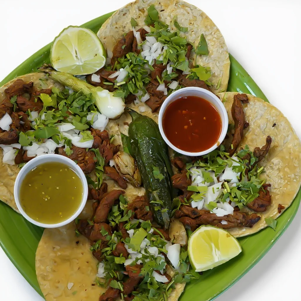 Authentic Mexican tacos with carne asada and fresh toppings