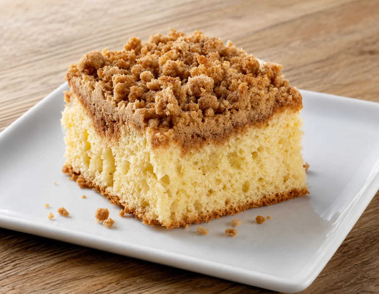 Slice of coffee cake with crumb topping on a plate next to a cup of coffee.