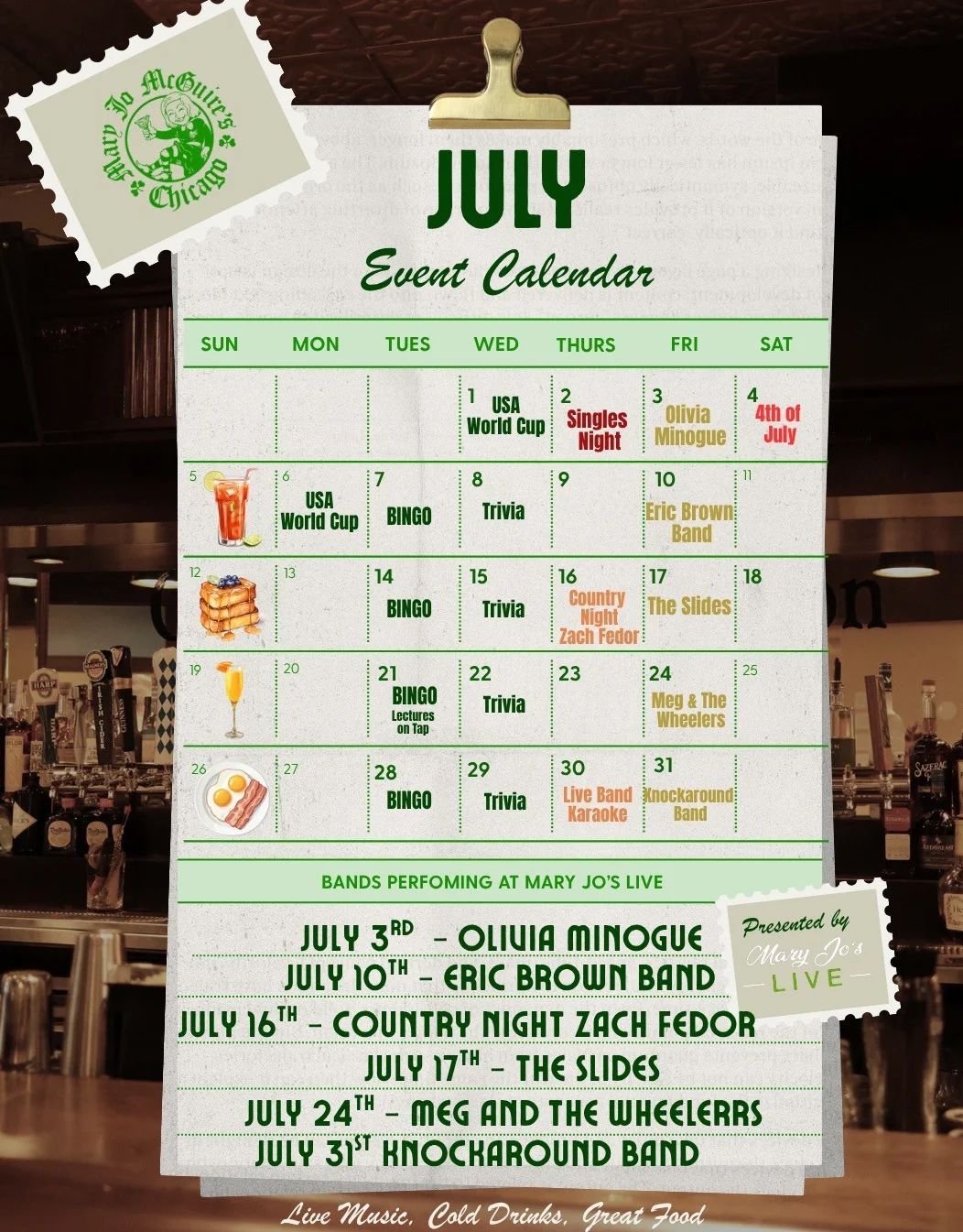 March calendar with restaurant events and promotions