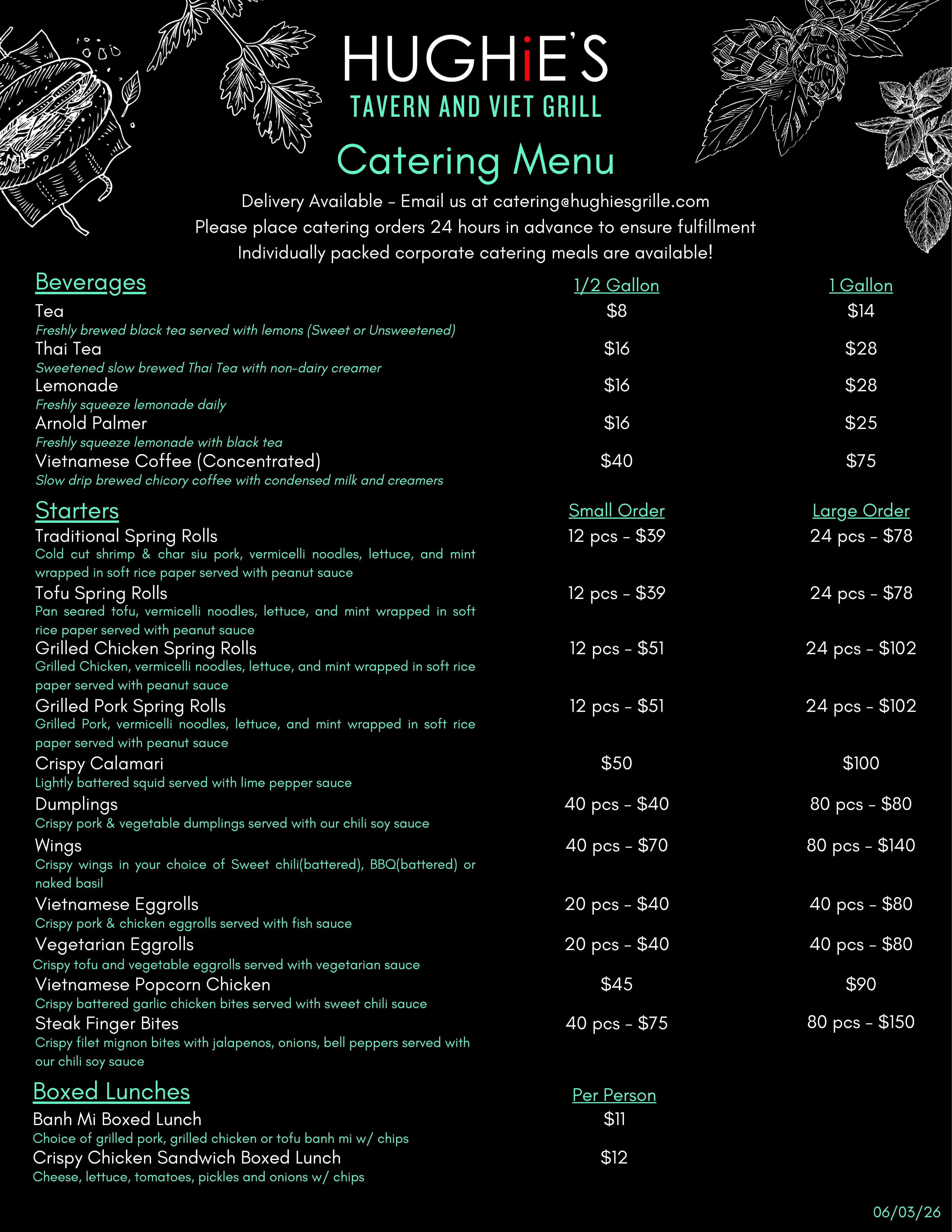 Catering menu for Vietnamese and American dishes at Hughie's Tavern