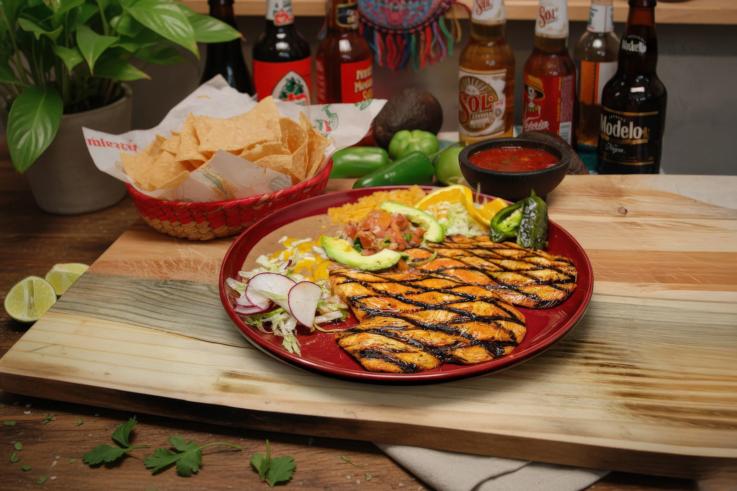 Grilled chicken fajitas served with sides in a vibrant Mexican restaurant setting