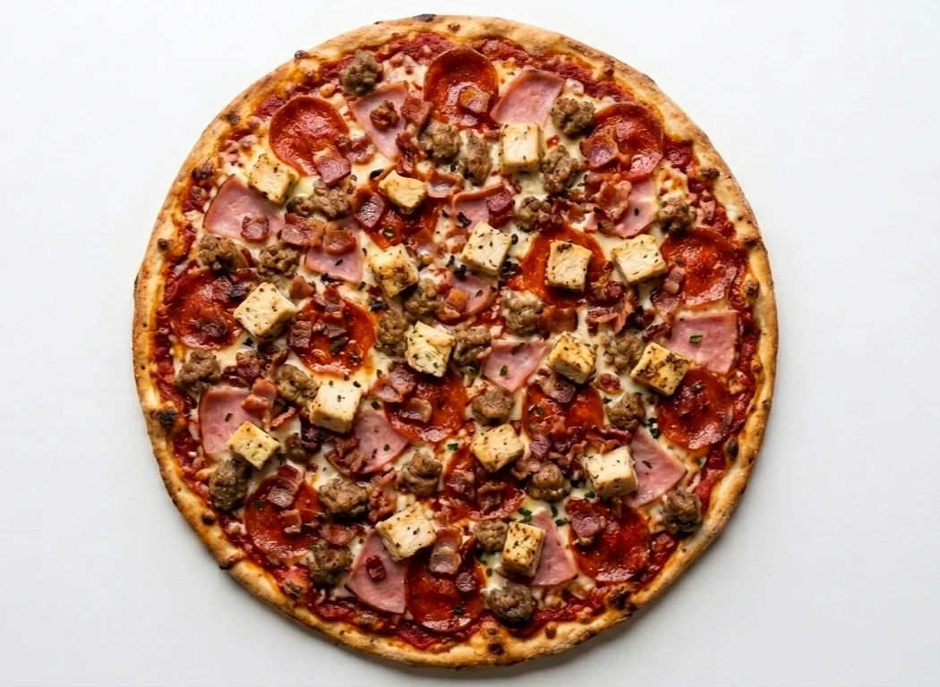 A loaded pizza topped with pepperoni, sausage, bacon, ham, and cheese on a crispy crust.