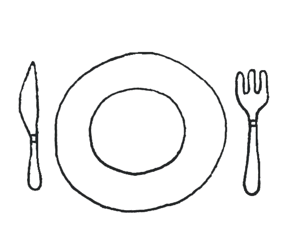 Minimalist illustration of a plate, knife, and fork