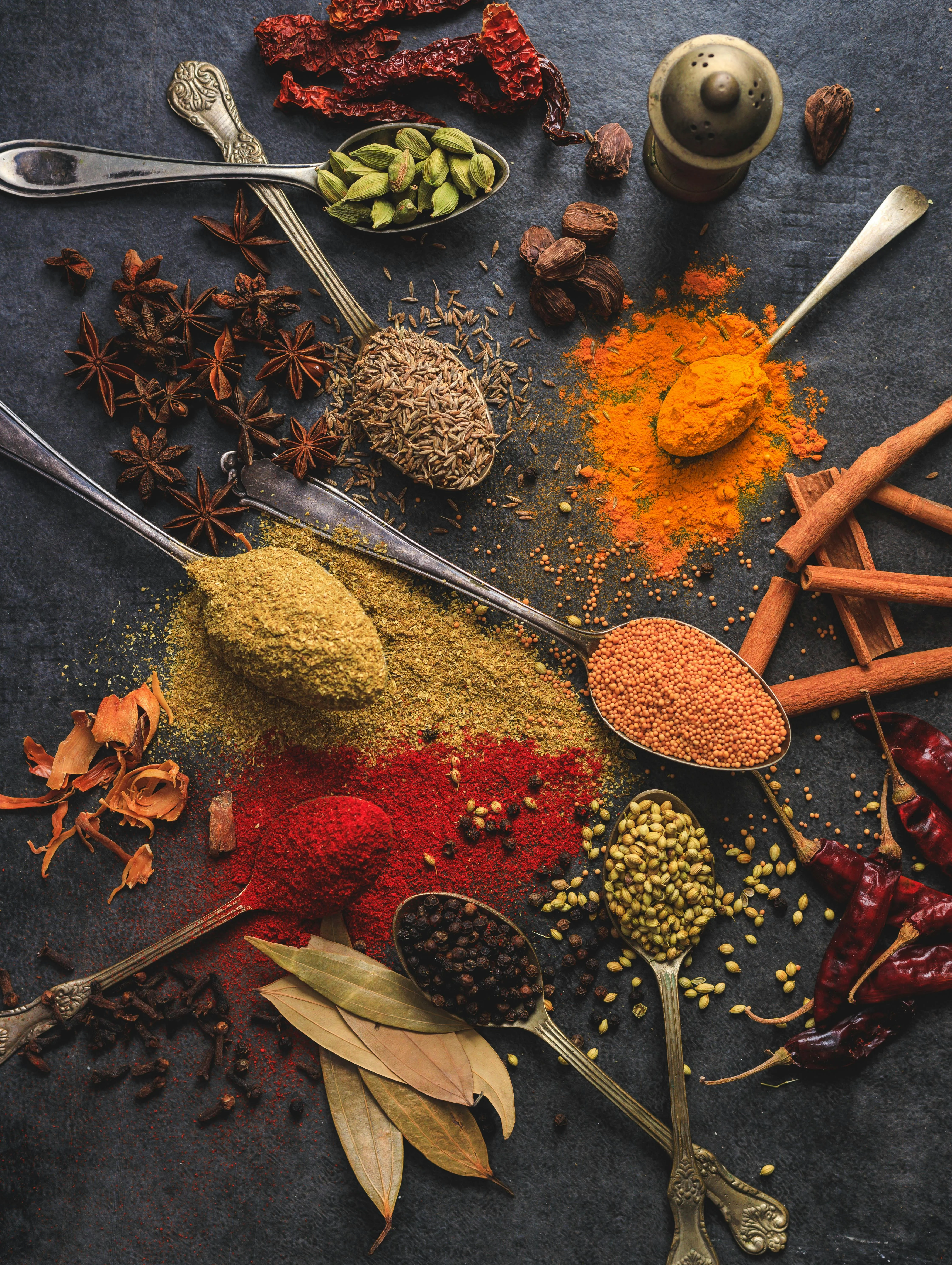 A lineup of spoons with various spices