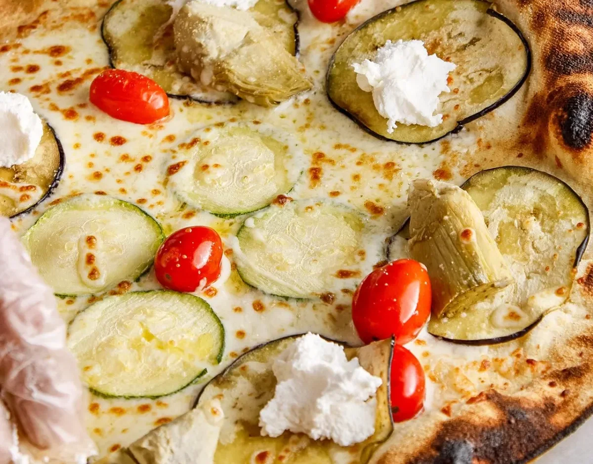 A closeup of a pizza