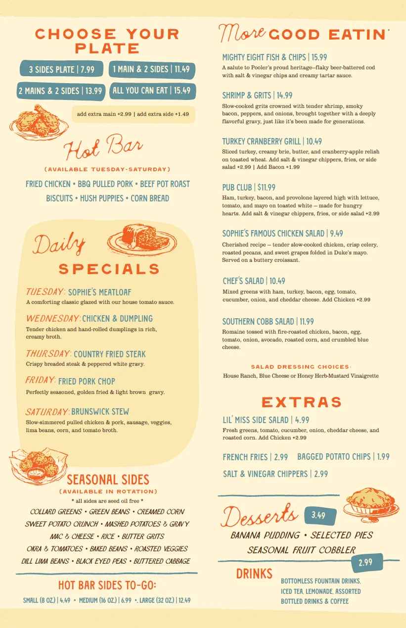Southern comfort food menu featuring fried chicken and daily specials