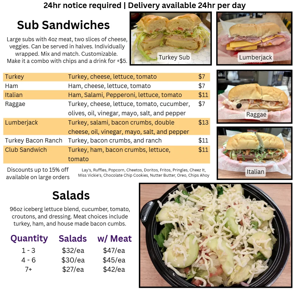Variety of sub sandwiches and salads in a deli setting