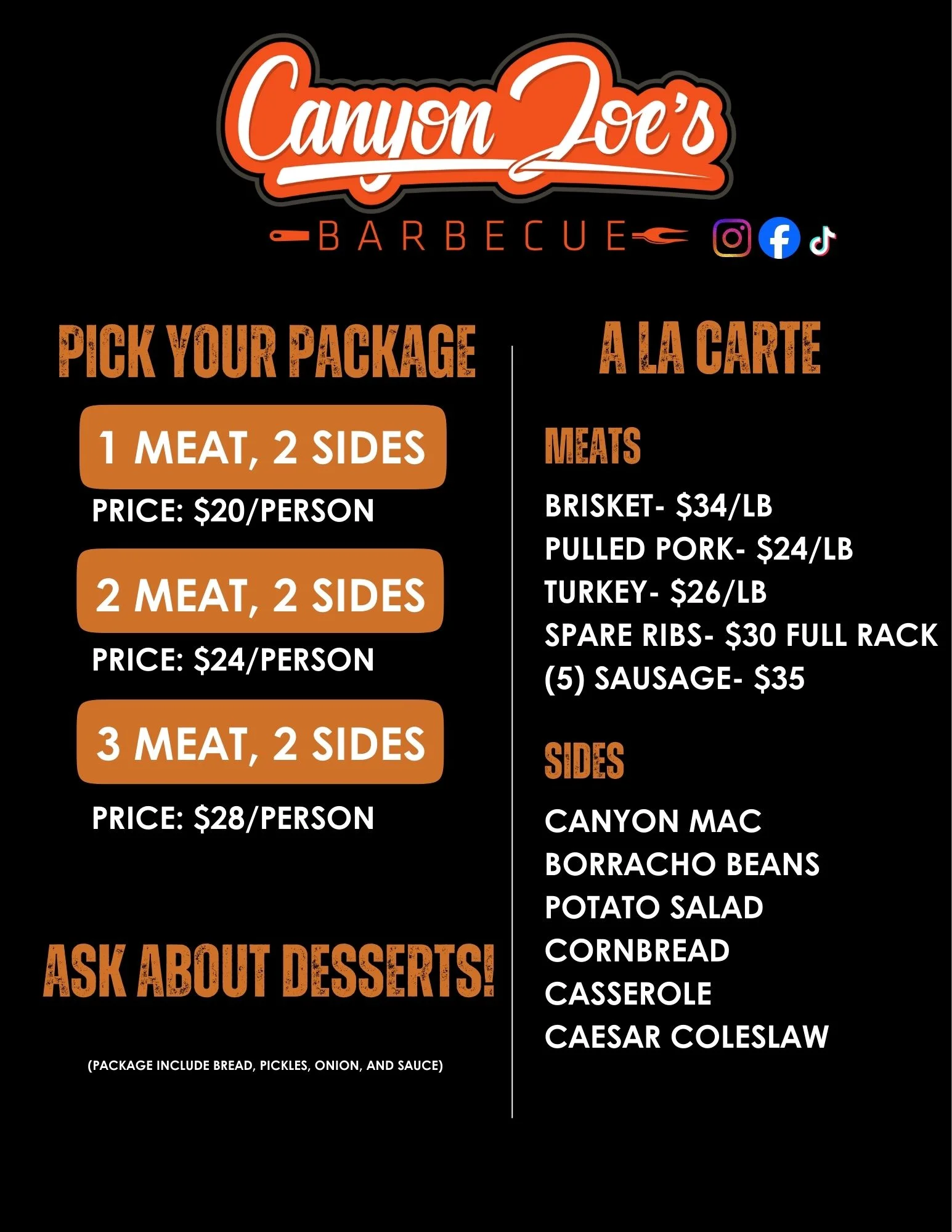 Barbecue platter with assorted meats and sides from Canyon Joe's
