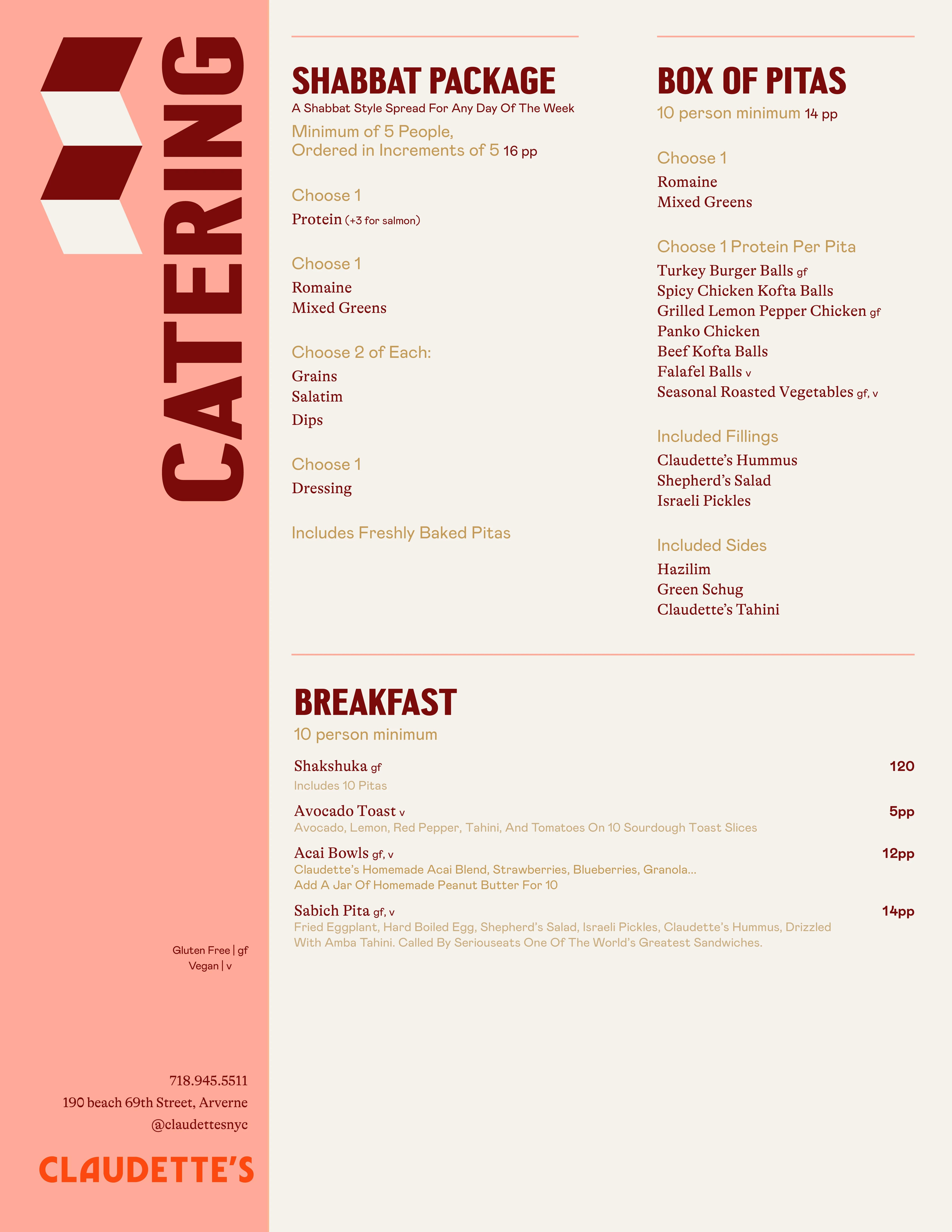Catering menu featuring Shabbat package and breakfast options