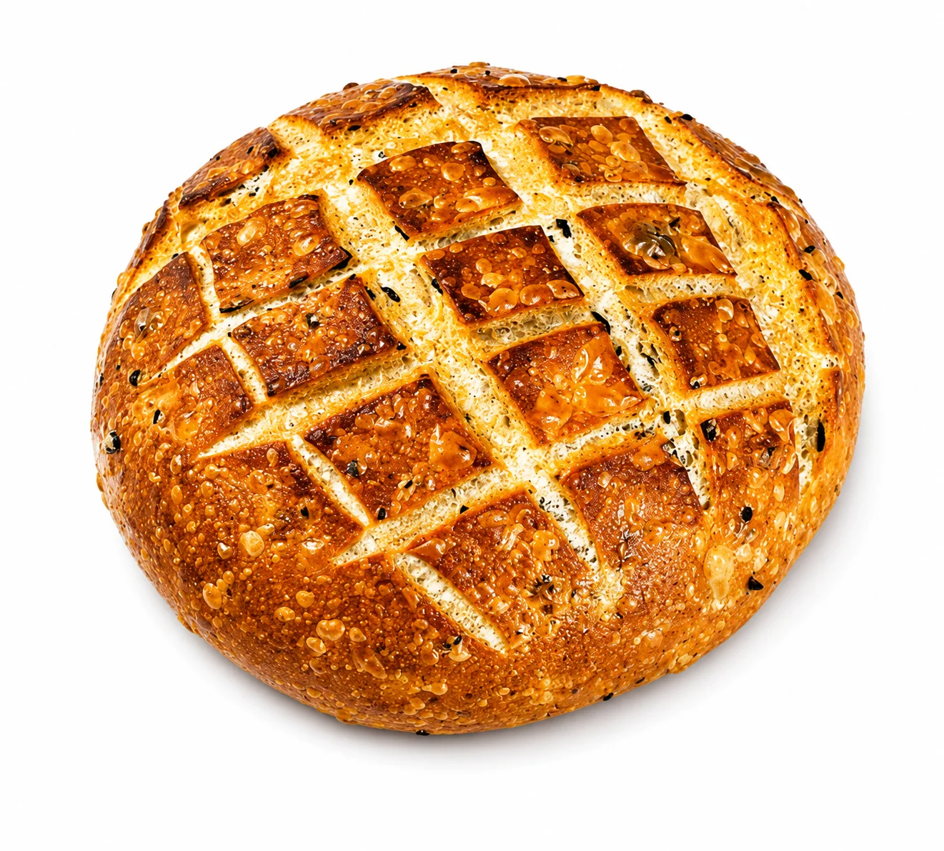 Freshly baked round bread with a golden crust and decorative scoring.