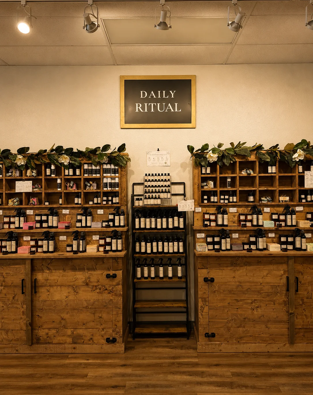 Interior of Magnolia Ritual Texas Apothecary in Magnolia, Texas featuring handcrafted bath, body, and home collections.