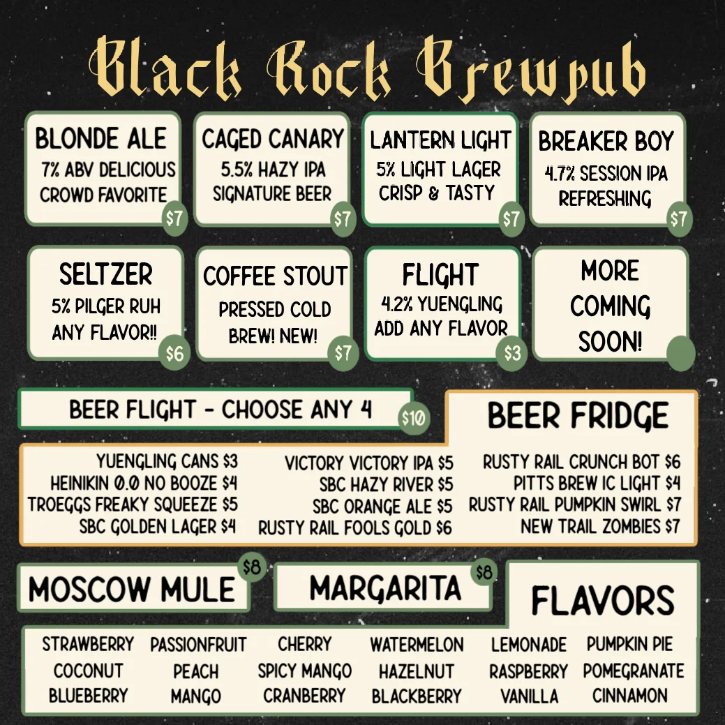 Craft beer menu at Black Rock Brewpub featuring various brews and cocktails