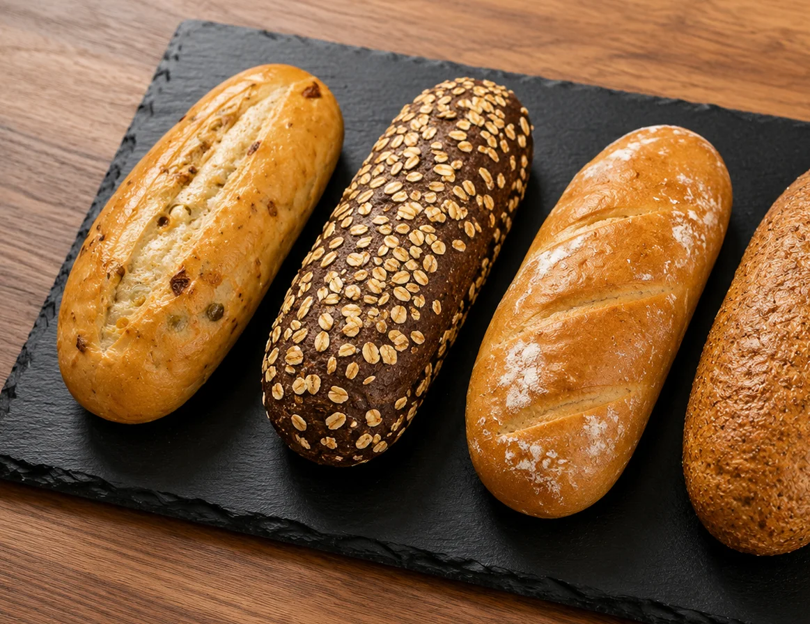 A variety of colorful and delicious sandwich rolls arranged on a platter.